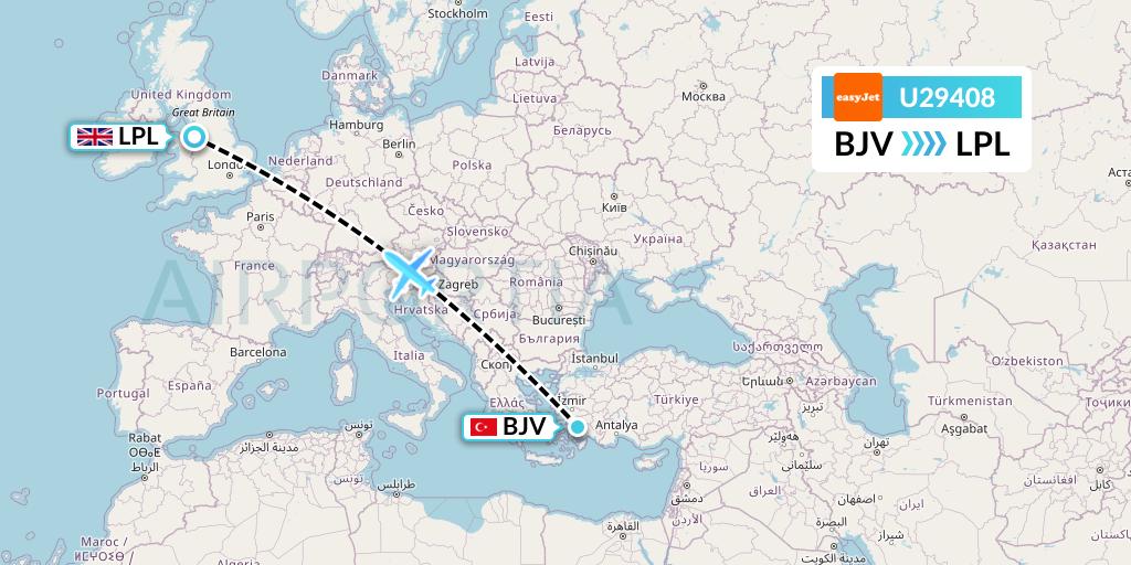 U29408 EasyJet Flight Map: Bodrum to Liverpool