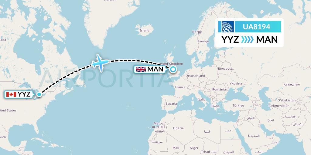 UA8194 United Airlines Flight Map: Toronto to Manchester