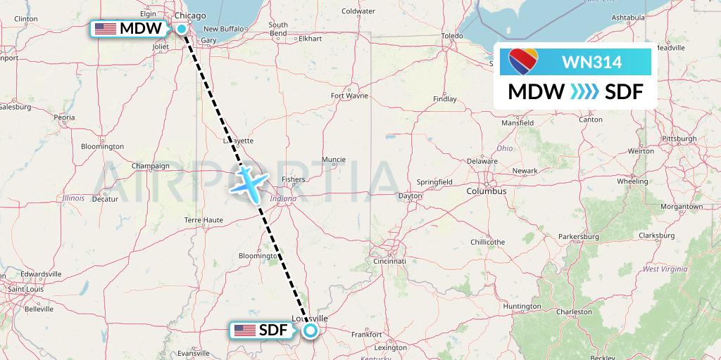 WN314 Southwest Airlines Flight Map: Chicago to Louisville