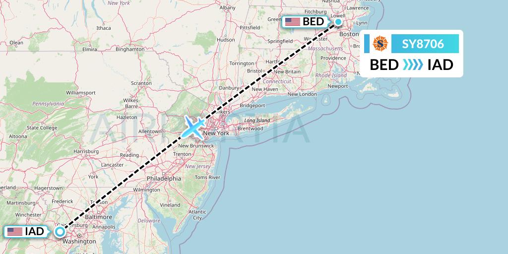 SY8706 Sun Country Airlines Flight Map: Bedford to Washington