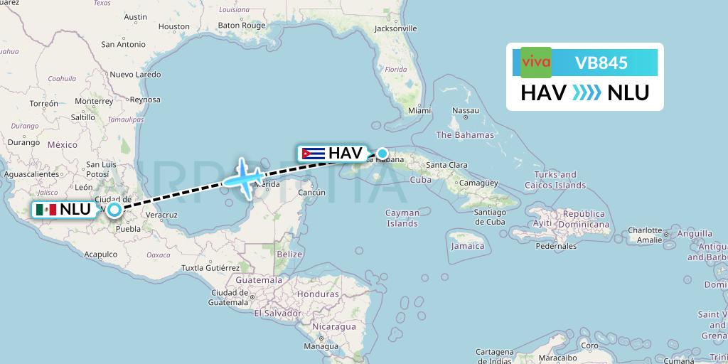 VB845 VivaAerobus Flight Map: Havana to Reyes Acozac
