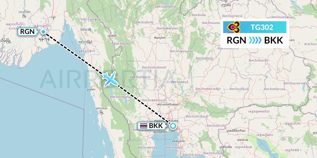 TG302 Thai Airways Flight Map: Yangon to Bangkok