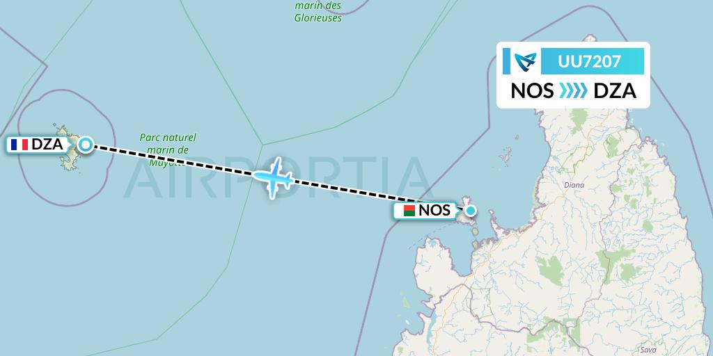 UU7207 Air Austral Flight Map: Nosy Be to Dzaoudzi