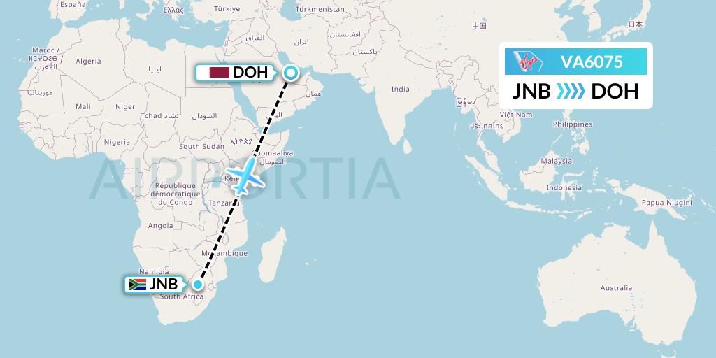VA6075 Virgin Australia Flight Map: Johannesburg to Doha