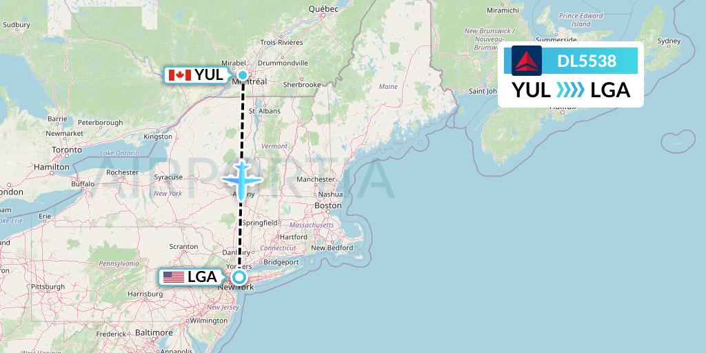 DL5538 Delta Air Lines Flight Map: Montreal to New York