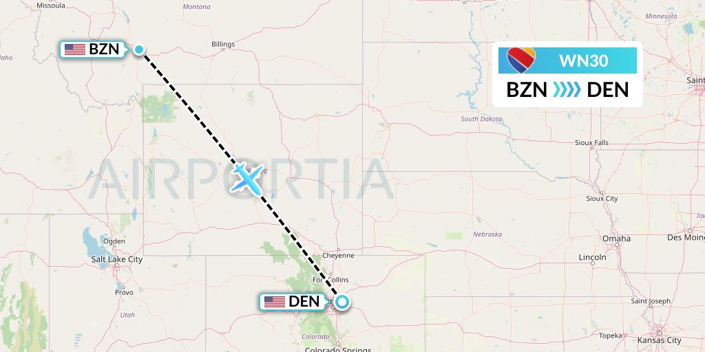 WN30 Southwest Airlines Flight Map: Bozeman to Denver