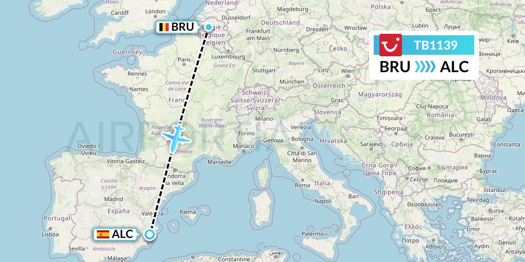 TB1139 TUI fly Belgium Flight Map: Brussels to Alicante