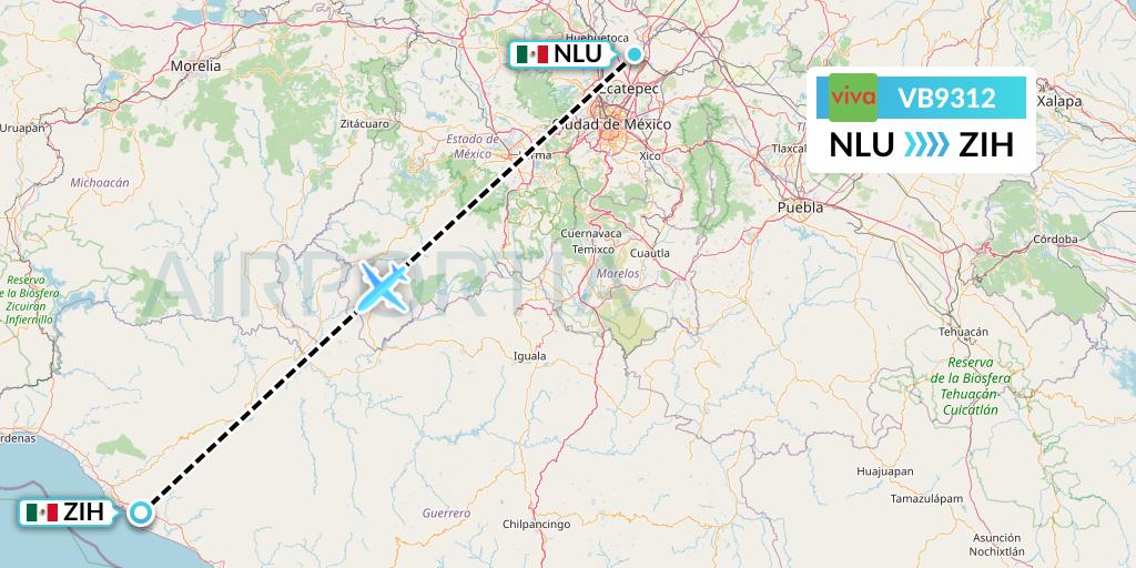 VB9312 VivaAerobus Flight Map: Reyes Acozac to Zihuatanejo