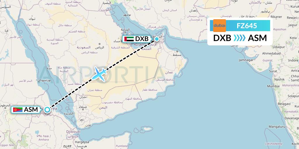 FZ645 FlyDubai Flight Map: Dubai to Asmara