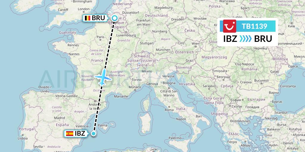 TB1139 TUI fly Belgium Flight Map: Ibiza to Brussels