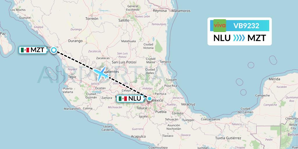 VB9232 VivaAerobus Flight Map: Reyes Acozac to Mazatlan