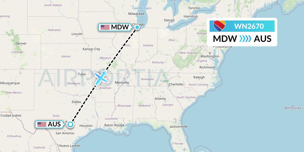 WN2670 Southwest Airlines Flight Map: Chicago to Austin