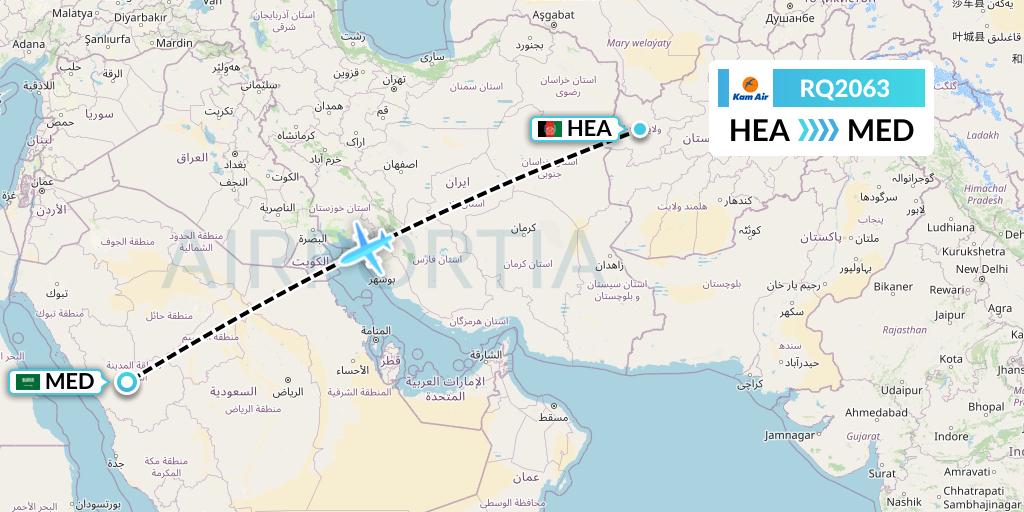 RQ2063 Kam Air Flight Map: Herat to Medina