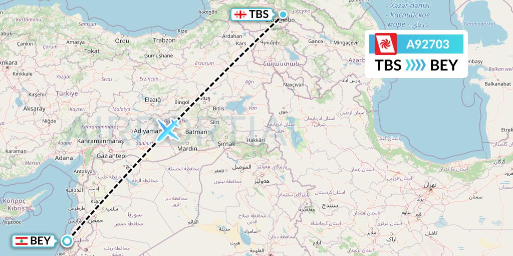 A92703 Georgian Airways Flight Map: Tbilisi to Beirut