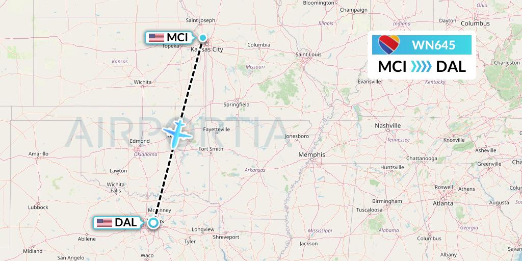 WN645 Southwest Airlines Flight Map: Kansas City to Dallas