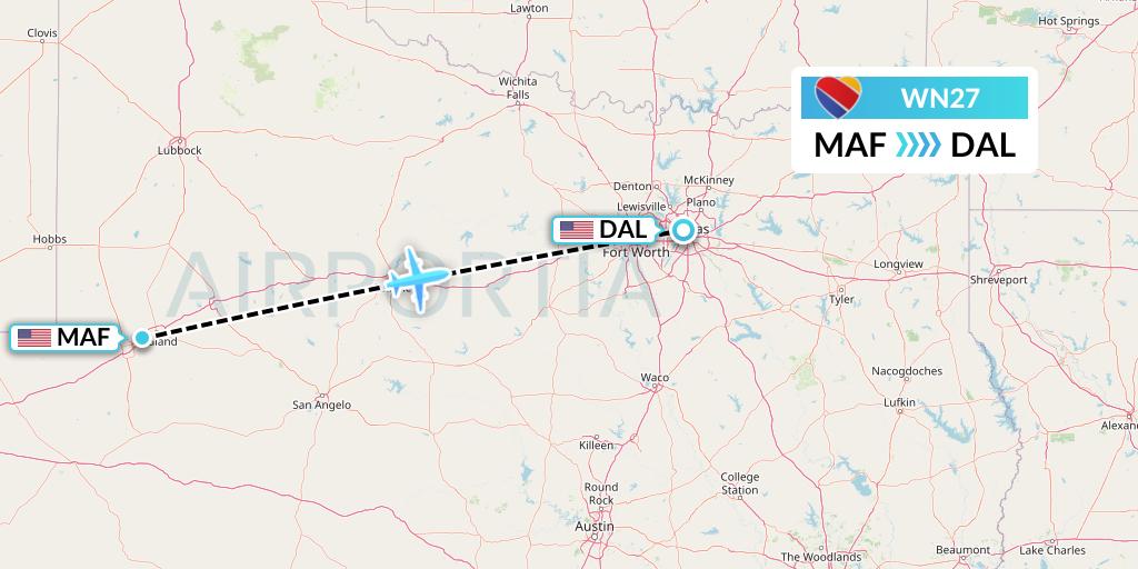 WN27 Southwest Airlines Flight Map: Midland to Dallas