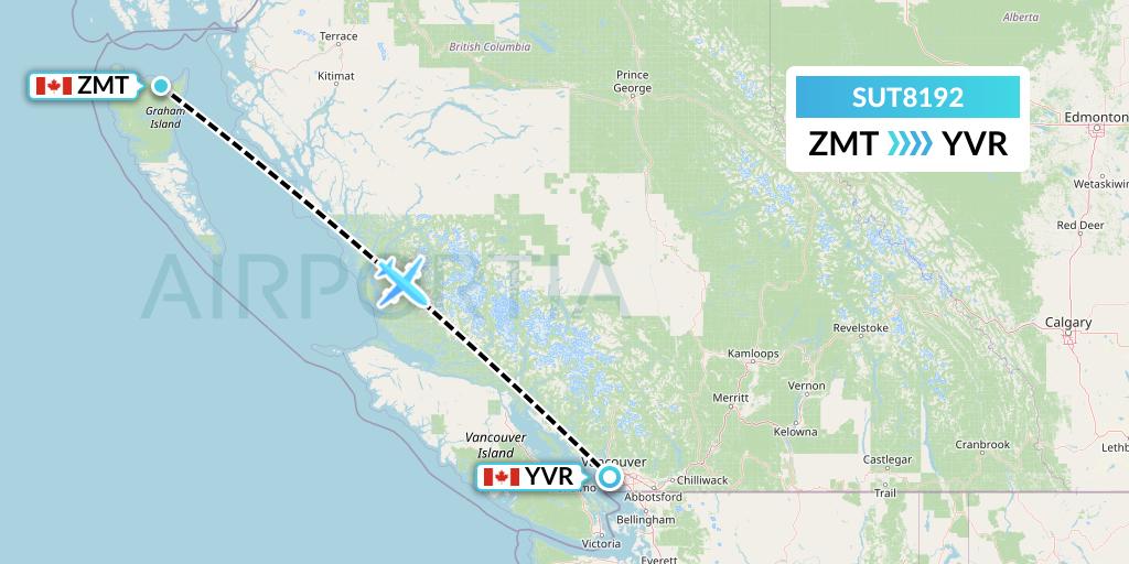 SUT8192 Summit Air Ltd. Flight Map: Masset to Vancouver