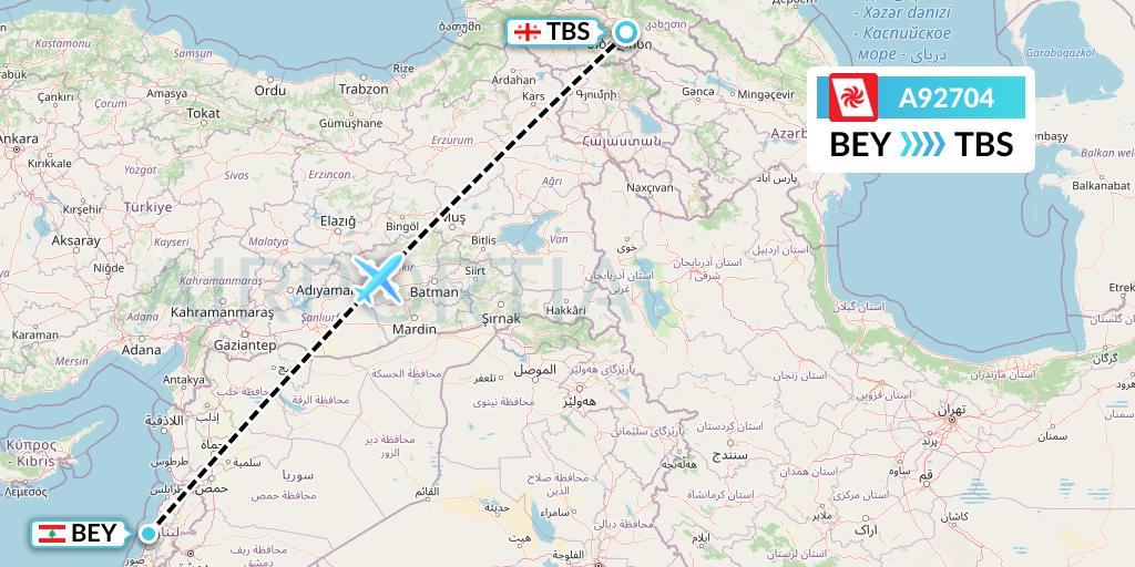 A92704 Georgian Airways Flight Map: Beirut to Tbilisi