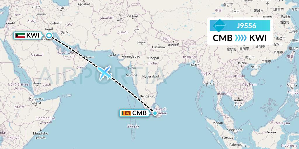 J9556 Jazeera Airways Flight Map: Colombo to Kuwait City