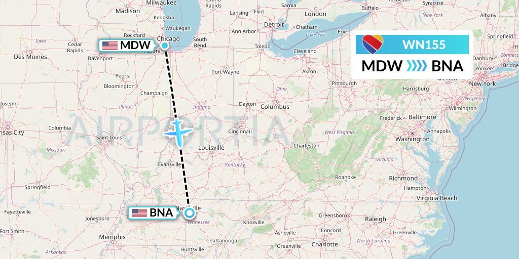 WN155 Southwest Airlines Flight Map: Chicago to Nashville