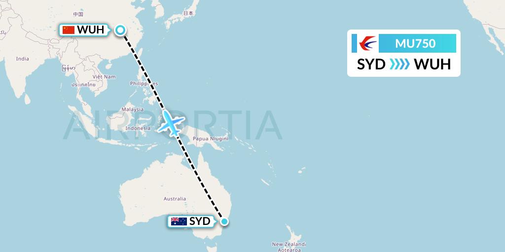 MU750 China Eastern Airlines Flight Map: Sydney to Wuhan