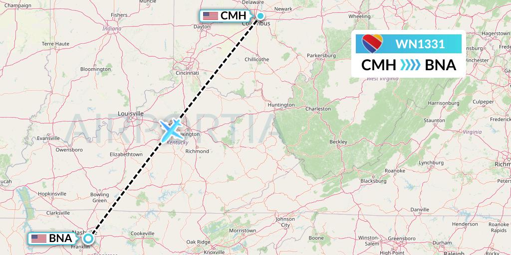 WN1331 Southwest Airlines Flight Map: Columbus to Nashville