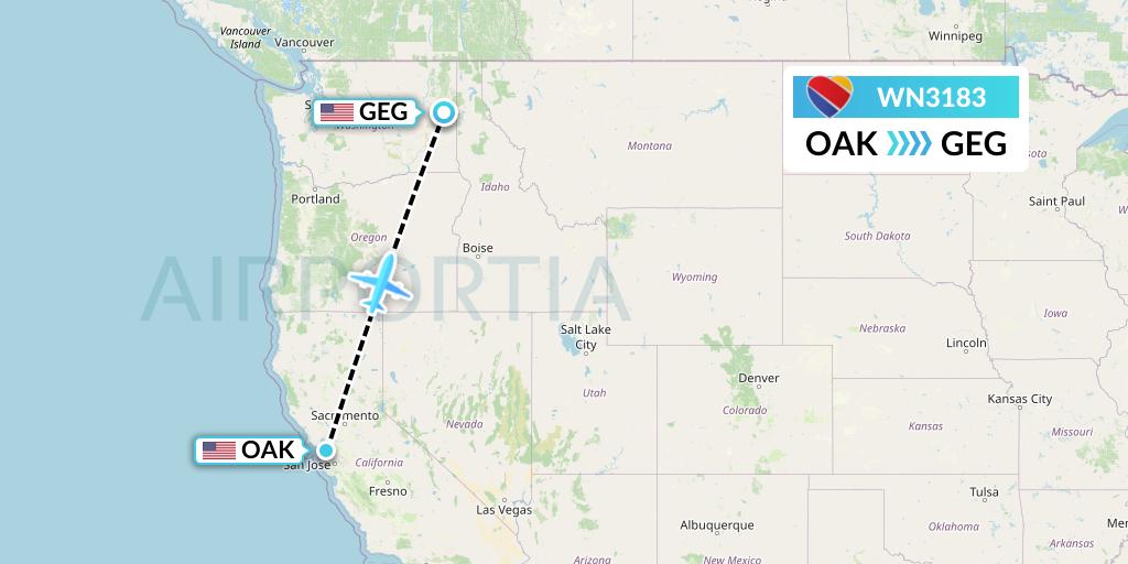 WN3183 Southwest Airlines Flight Map: Oakland to Spokane