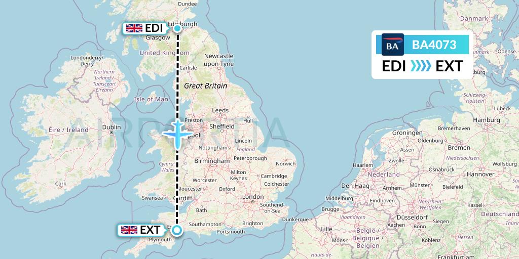 BA4073 British Airways Flight Map: Edinburgh to Exeter