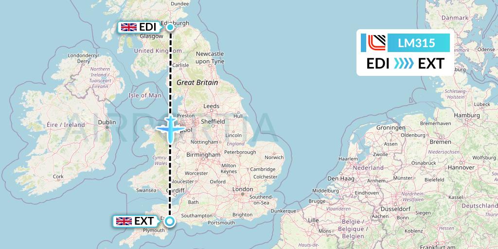 LM315 Loganair Flight Map: Edinburgh to Exeter