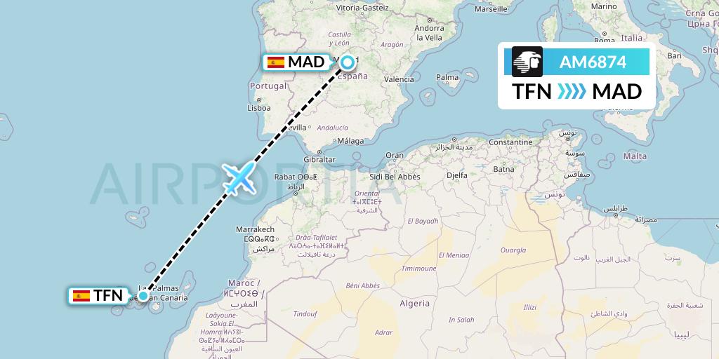 AM6874 Aeromexico Flight Map: Tenerife to Madrid