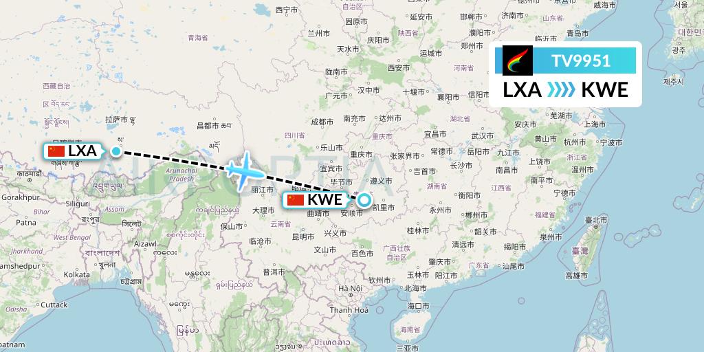 TV9951 Tibet Airlines Flight Map: Lhasa to Guiyang
