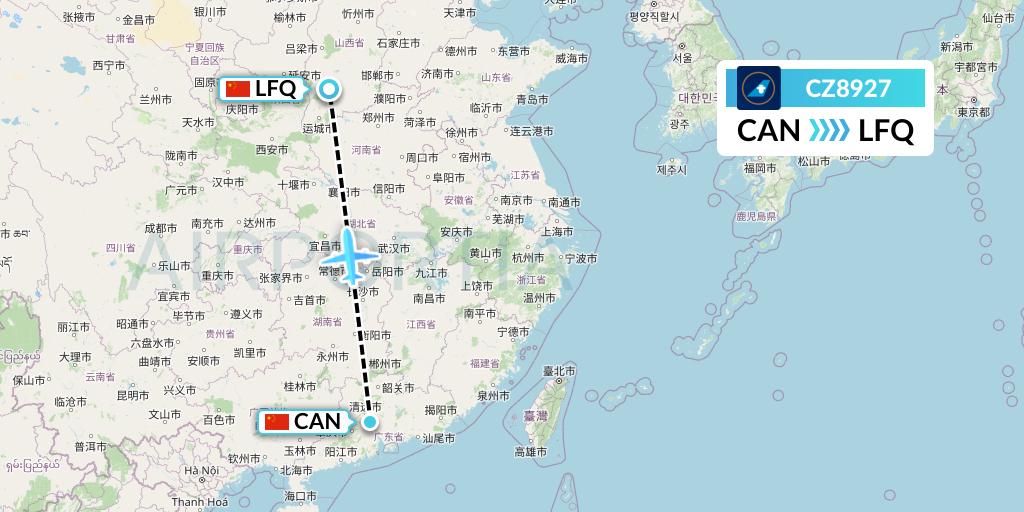CZ8927 China Southern Airlines Flight Map: Guangzhou to Yulin