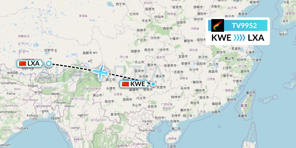 TV9952 Tibet Airlines Flight Map: Guiyang to Lhasa