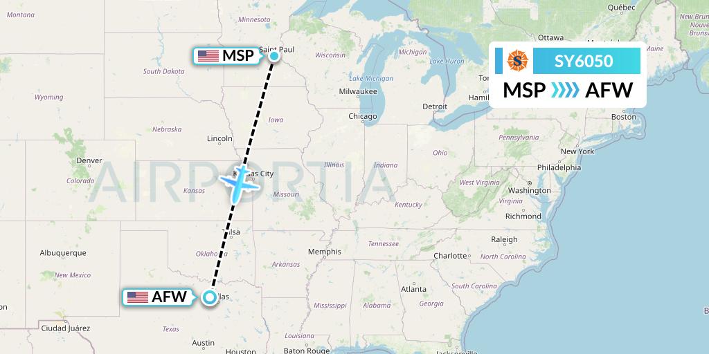 SY6050 Sun Country Airlines Flight Map: Minneapolis to Fort Worth