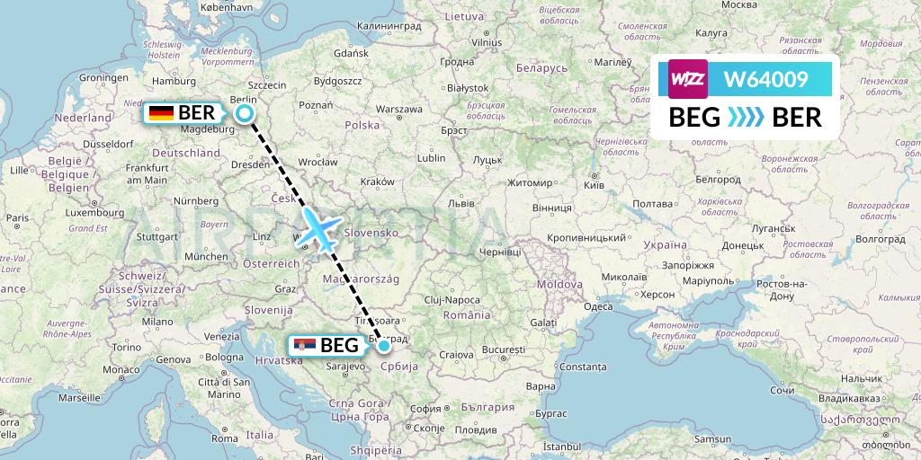 W64009 Wizz Air Flight Map: Belgrade to Berlin