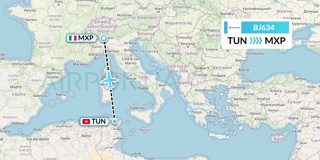 BJ634 Nouvelair Tunisie Flight Map: Tunis to Milan