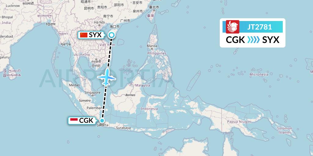 JT2781 Lion Airlines Flight Map: Jakarta to Sanya