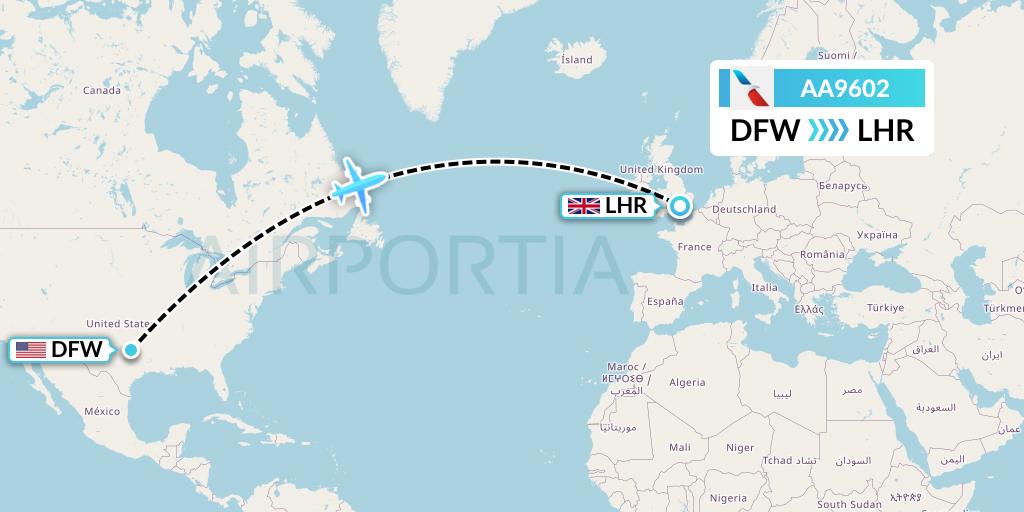 AA9602 American Airlines Flight Map: Dallas to London