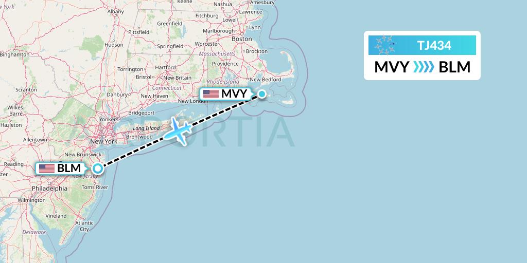 TJ434 Tradewind Aviation Flight Map: Martha's Vineyard to Atlantic City