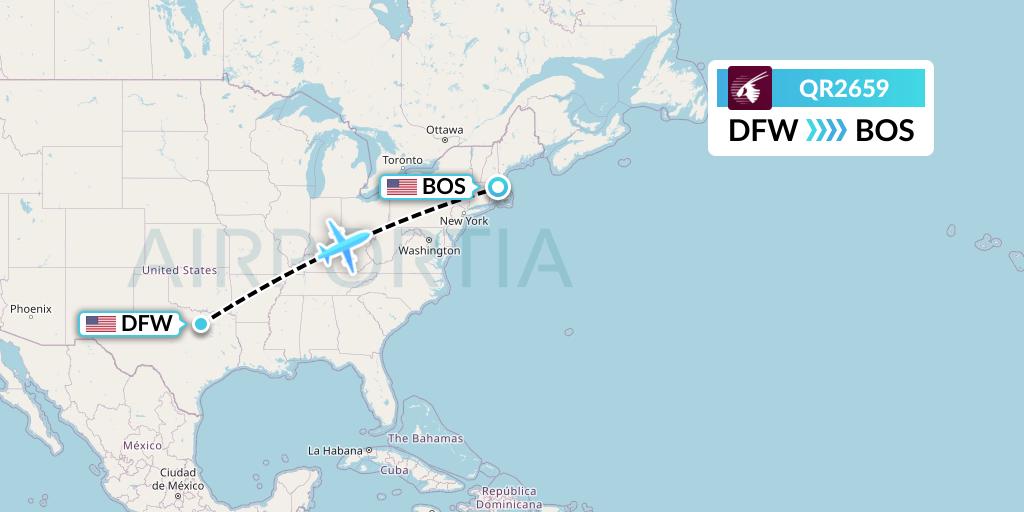 QR2659 Qatar Airways Flight Map: Dallas to Boston