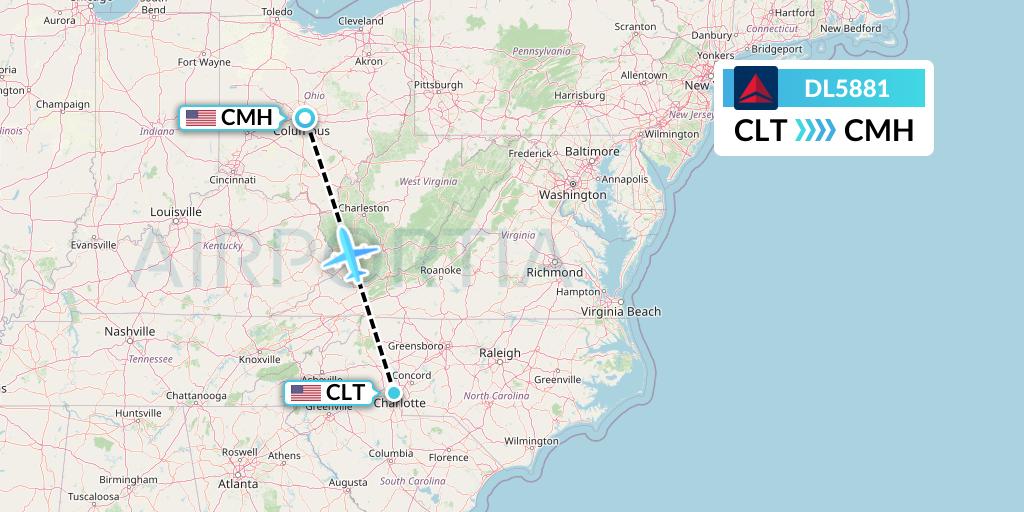 DL5881 Delta Air Lines Flight Map: Charlotte to Columbus