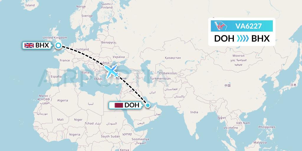 VA6227 Virgin Australia Flight Map: Doha to Birmingham