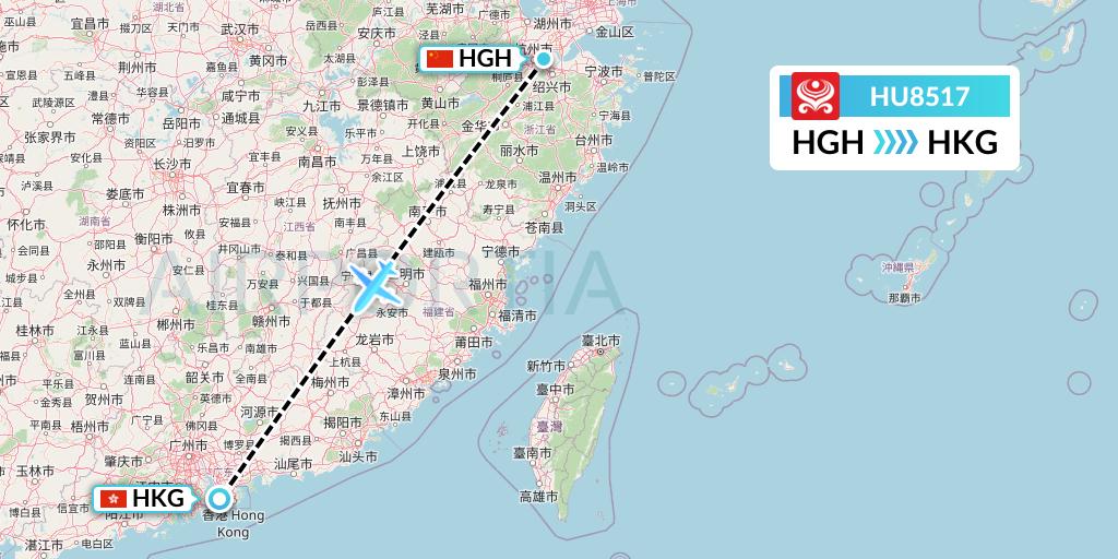 HU8517 Hainan Airlines Flight Map: Hangzhou to Hong Kong