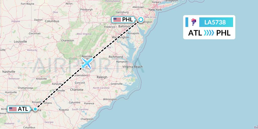 LA5738 LAN Airlines Flight Map: Atlanta to Philadelphia
