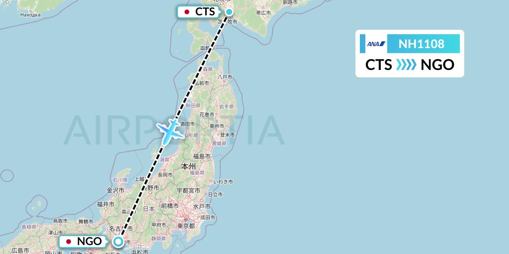 NH1108 All Nippon Airways Flight Map: Sapporo to Nagoya