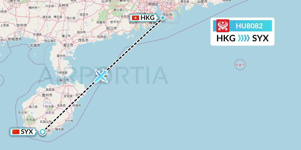 HU8082 Hainan Airlines Flight Map: Hong Kong to Sanya