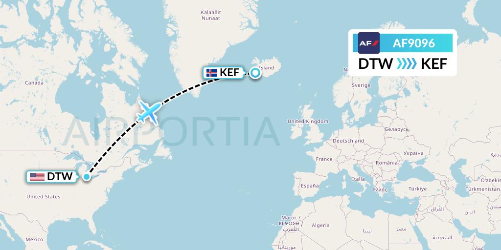 AF9096 Air France Flight Map: Detroit to Reykjavik