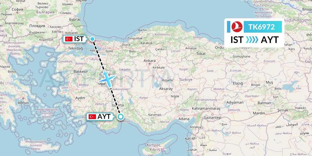 TK6972 Turkish Airlines Flight Map: Istanbul to Antalya