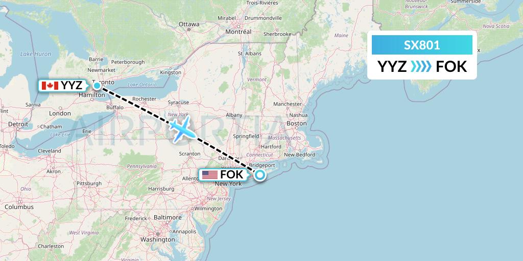 SX801 Flygta Airlines Flight Map: Toronto to Westhampton Beach