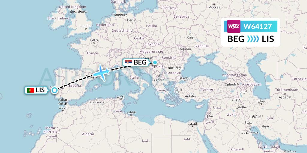 W64127 Wizz Air Flight Map: Belgrade to Lisbon